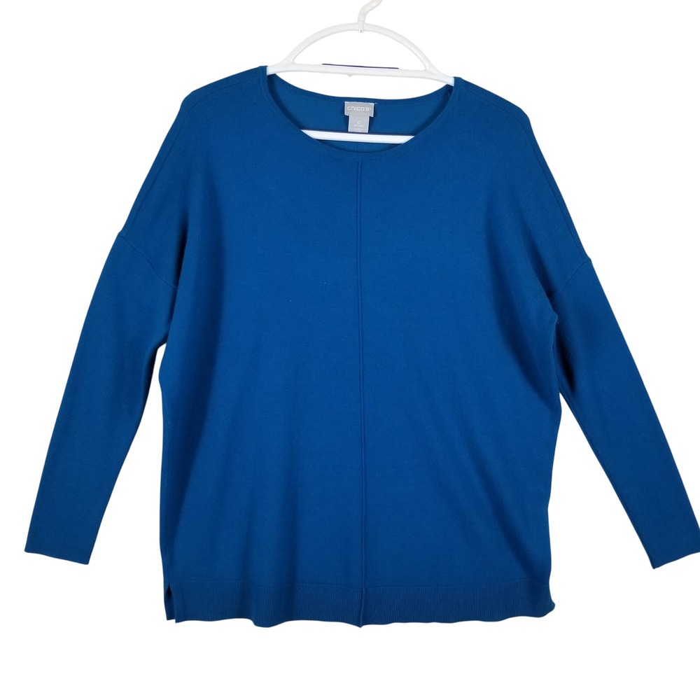 Chicos Blue Cashmere Blend Drop Shoulder Crew Neck Sweater Womens Size 0 S